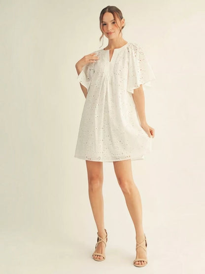 Jodifl Eyelet Embroidered Flutter Sleeve Dress with Pockets – Off White