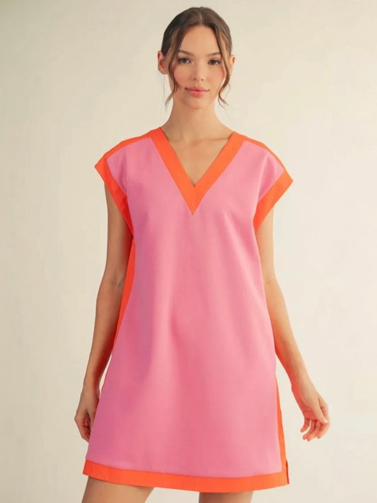 Jodifl Contrast Accent V-Neck Dress – Pink/Orange