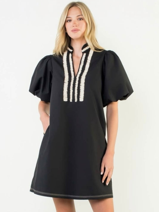 THML Puff Sleeve Embroidered Textured Dress – Black