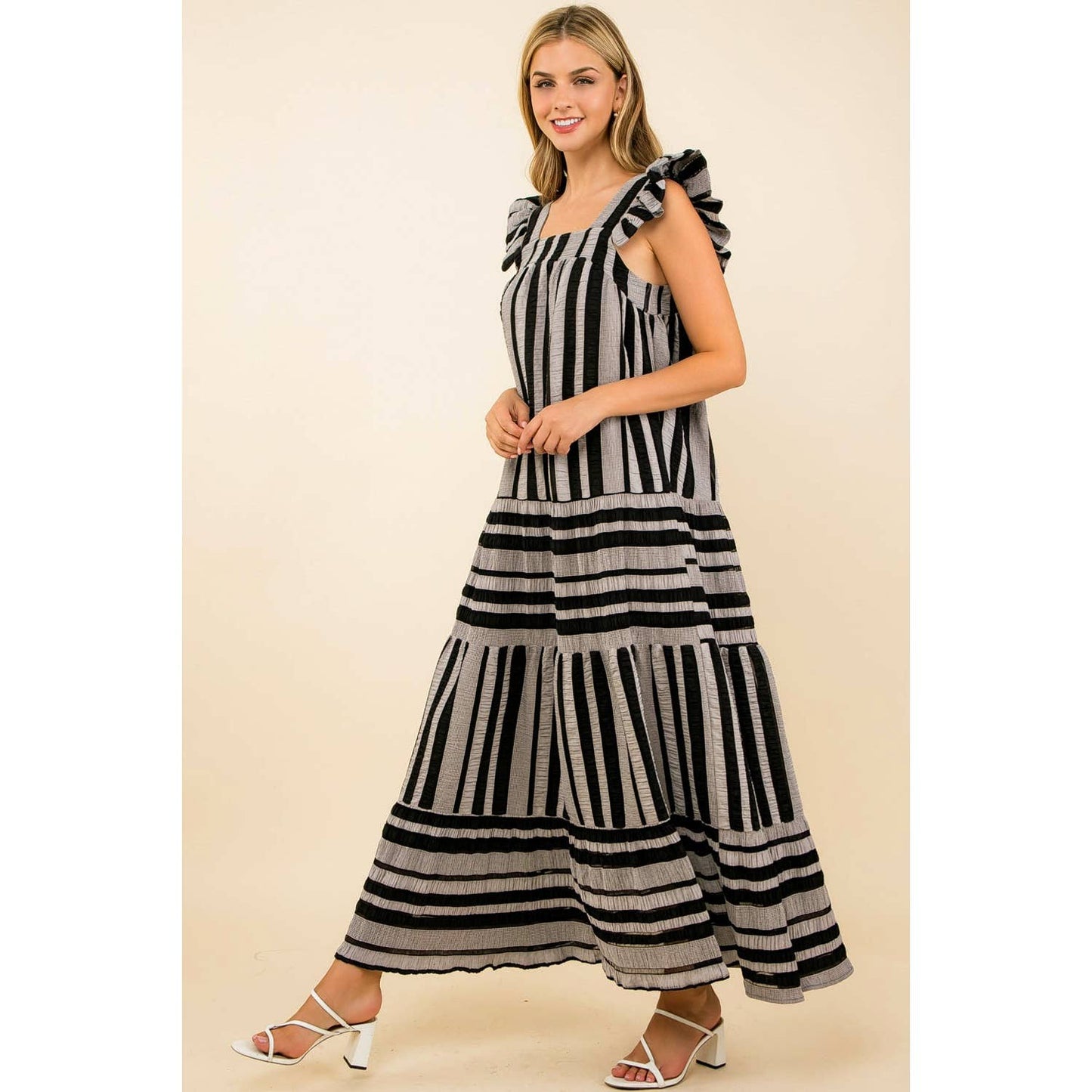 THML Striped Tiered Maxi Dress – Black