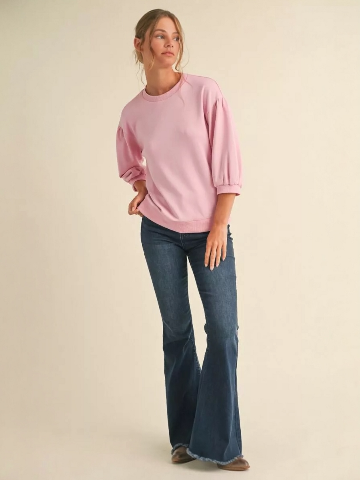 Jodifl Solid Sweatshirt Top With U-neck 3/4 Sleeves - Pink