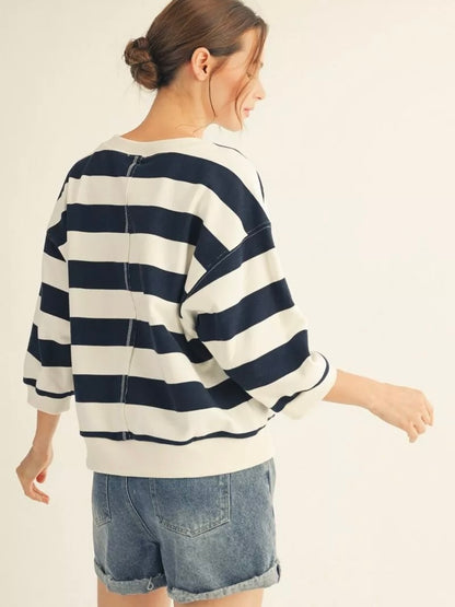 Jodifl Bold Stripe Casual Top With Drop Shoulder And V-Notch - Navy