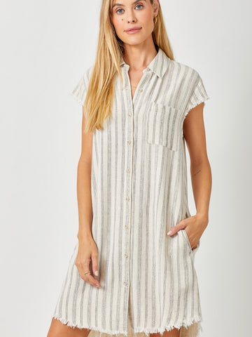 Adele Frayed Linen Shirt Dress - Navy Stripe