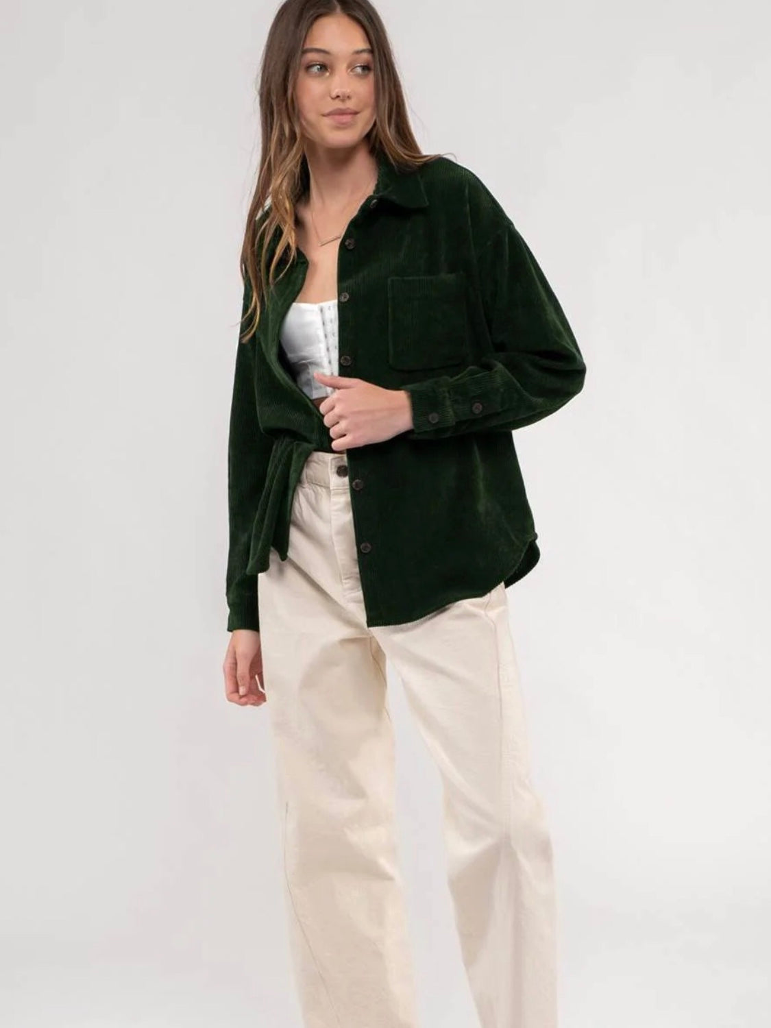 Brylee Corduroy Button Up Jacket - Hunter Green