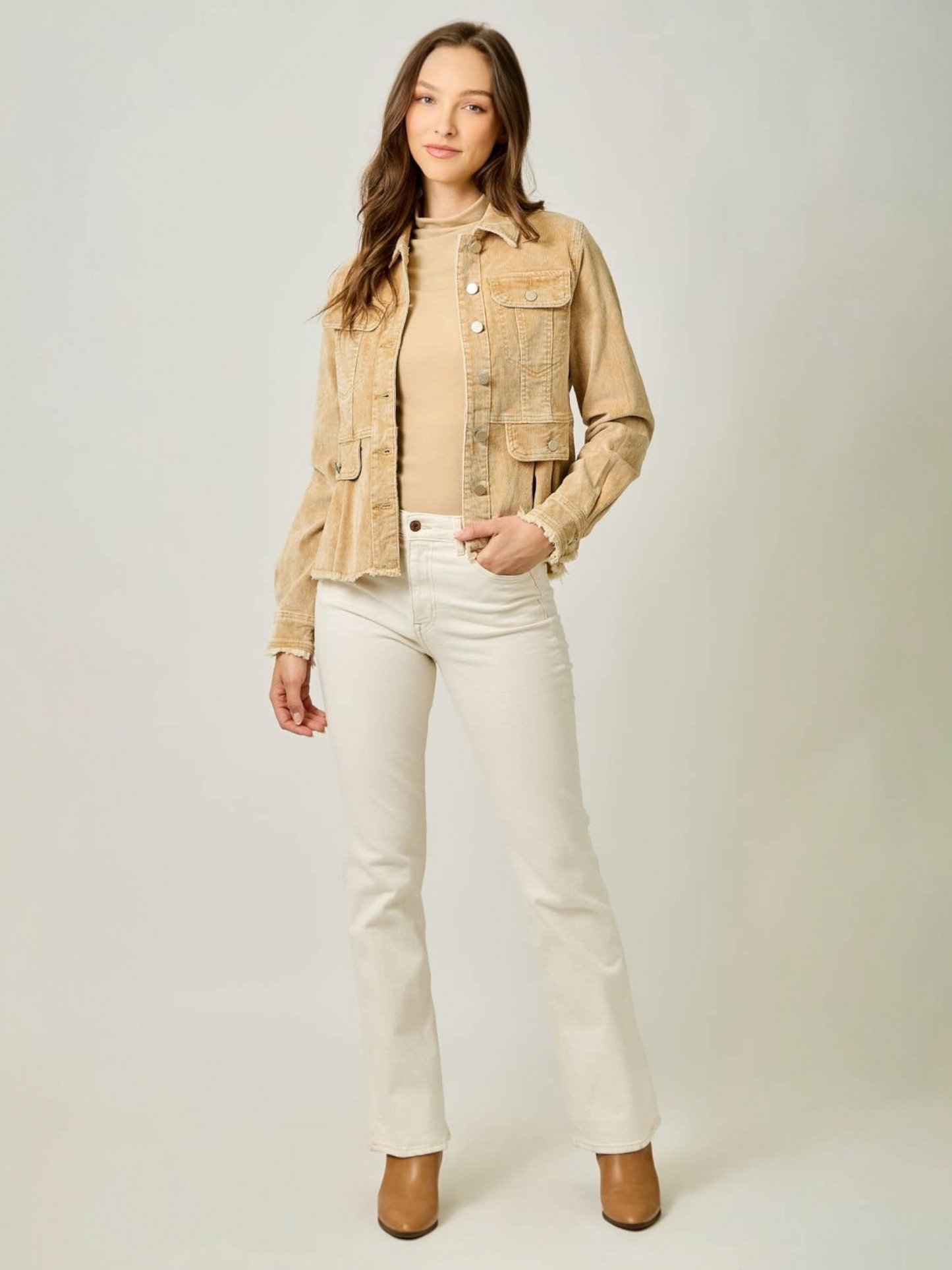 Mystree Washed Corduroy Peplum Jacket - Washed Honey