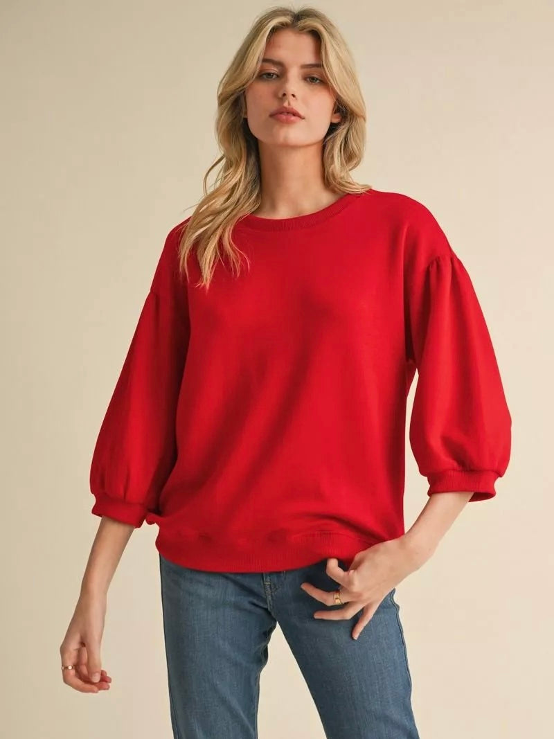 Jodifl Solid Sweatshirt Top With U-neck 3/4 Sleeves - Red