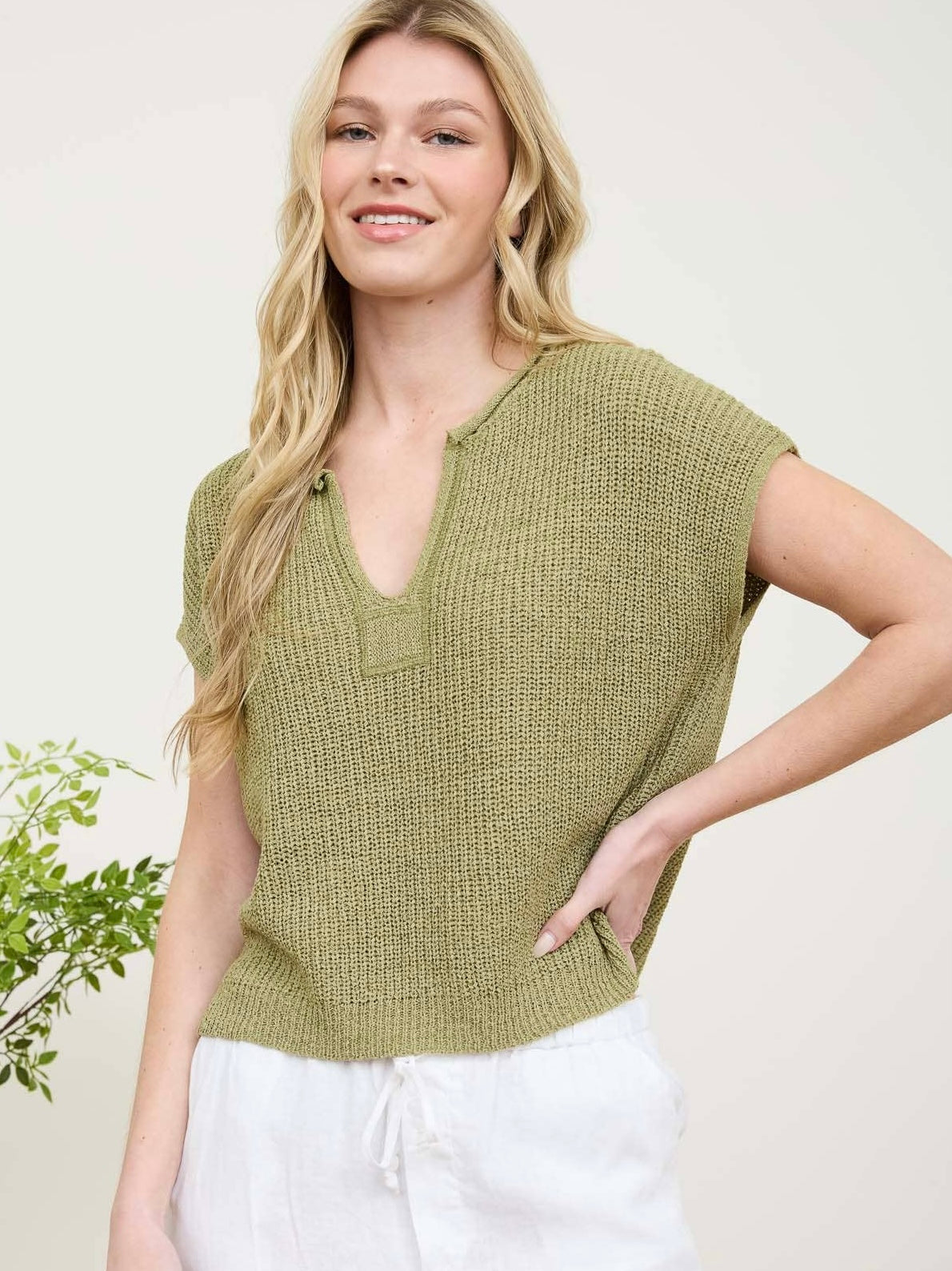 Ivy Knit Pullover Top - Light Olive