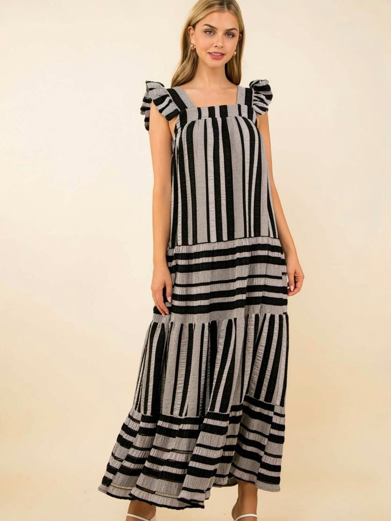 THML Striped Tiered Maxi Dress – Black