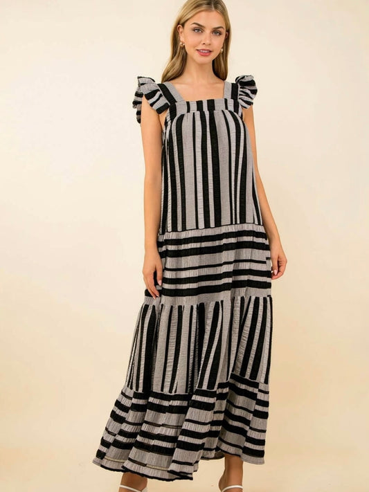 THML Striped Tiered Maxi Dress – Black