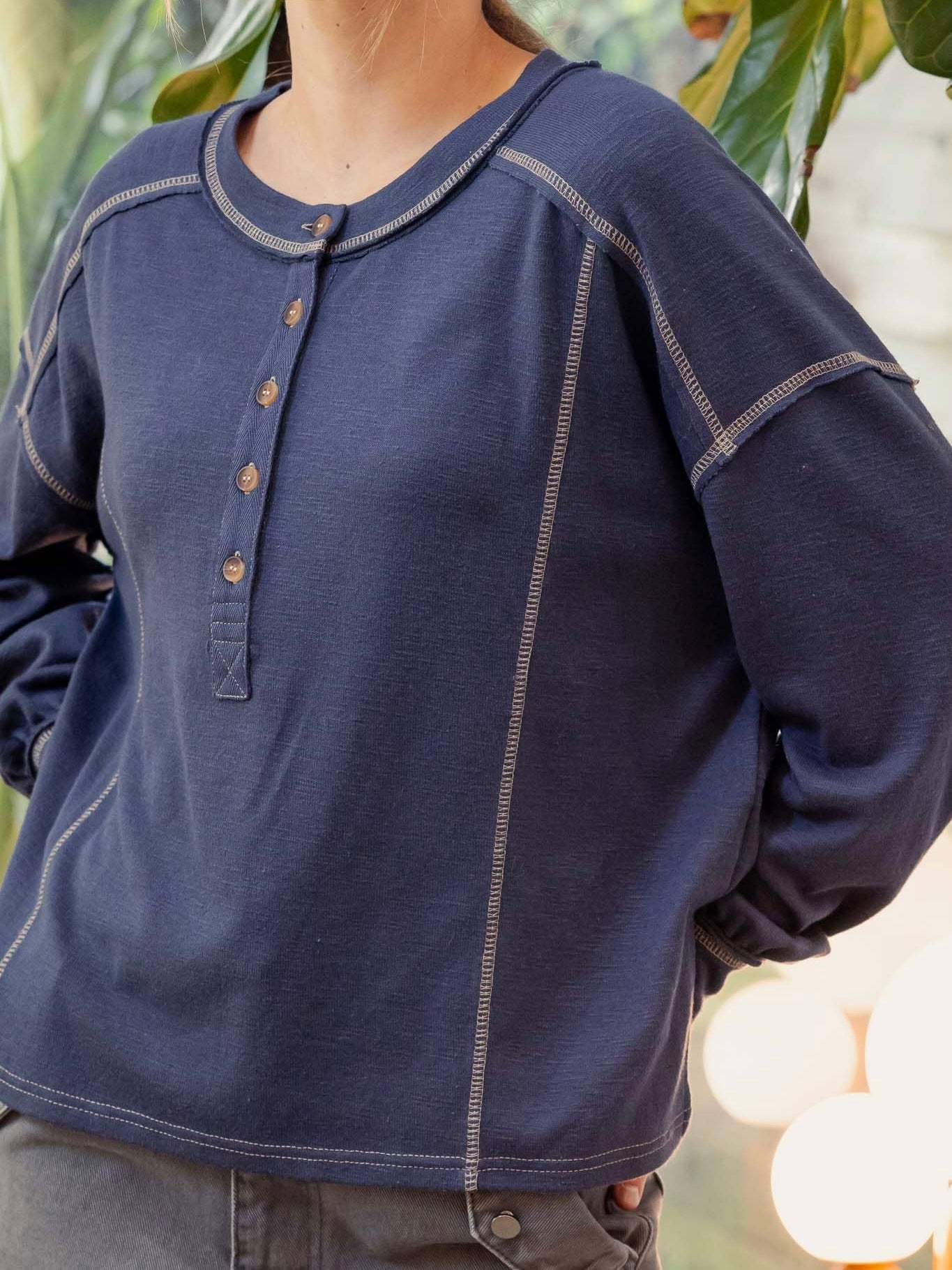 Blu Pepper Contrast Stitch Long Sleeve Henley Knit Top - Dark Denim