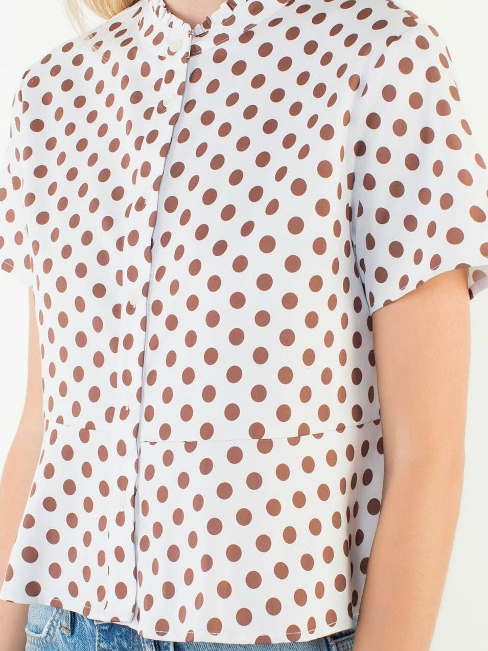 THML Short Sleeve Polka Dot Button Down Top – White
