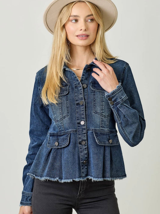 Mystree Washed Denim Peplum Jacket - Dark Denim