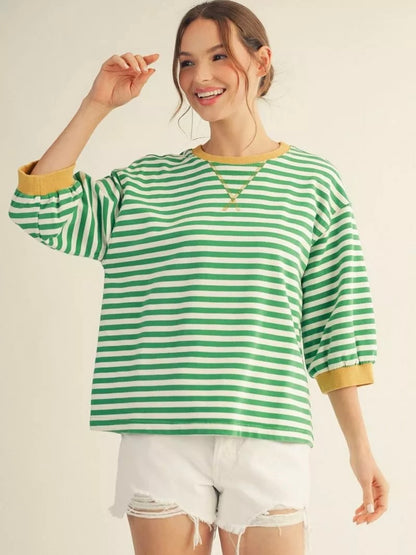 Jodifl Mineral Washed Stripe Top – 3/4 Sleeve V-Notch Neckline – Kelly Green