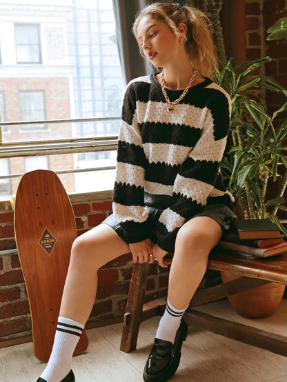 Bria Striped Crew Knit Sweater - Black