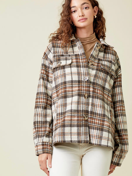 Angie Plaid Button Down Shacket - Taupe