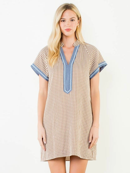 THML Short Sleeve Gingham Patterned Dress – Brown