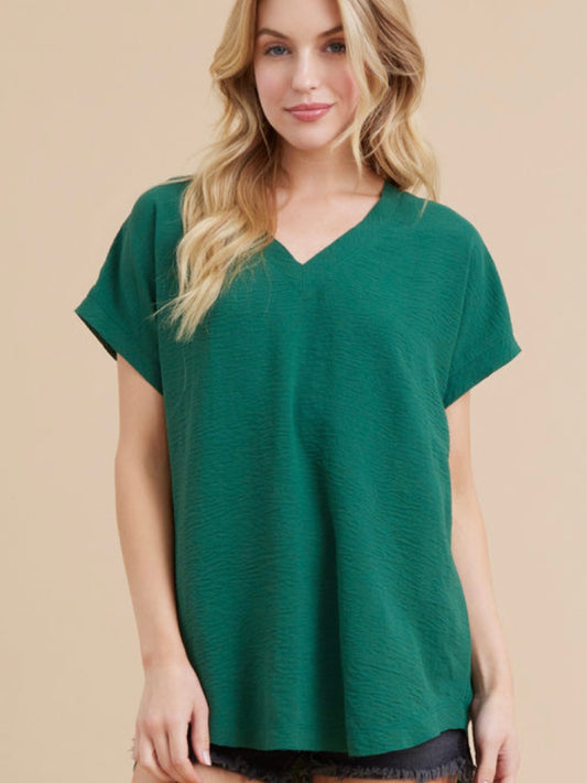 Jodifl Solid Top with Cap Sleeves and Raw Edge Hems - Hunter Green