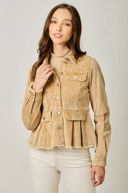 Mystree Washed Corduroy Peplum Jacket - Washed Honey