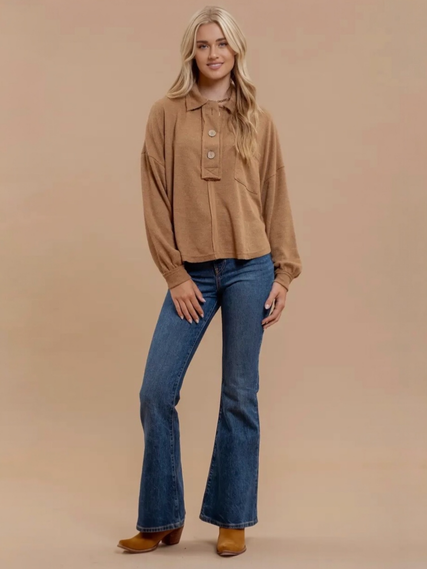 Blu Pepper Collared Raw Edge Knit Top - Almond