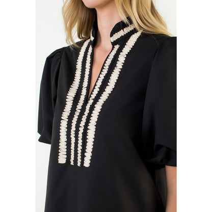 THML Puff Sleeve Embroidered Textured Dress – Black