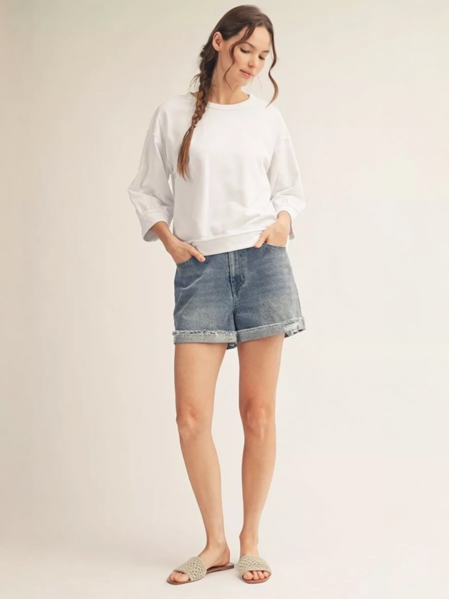 Jodifl Washed Cotton Drop Shoulder Casual Top – White