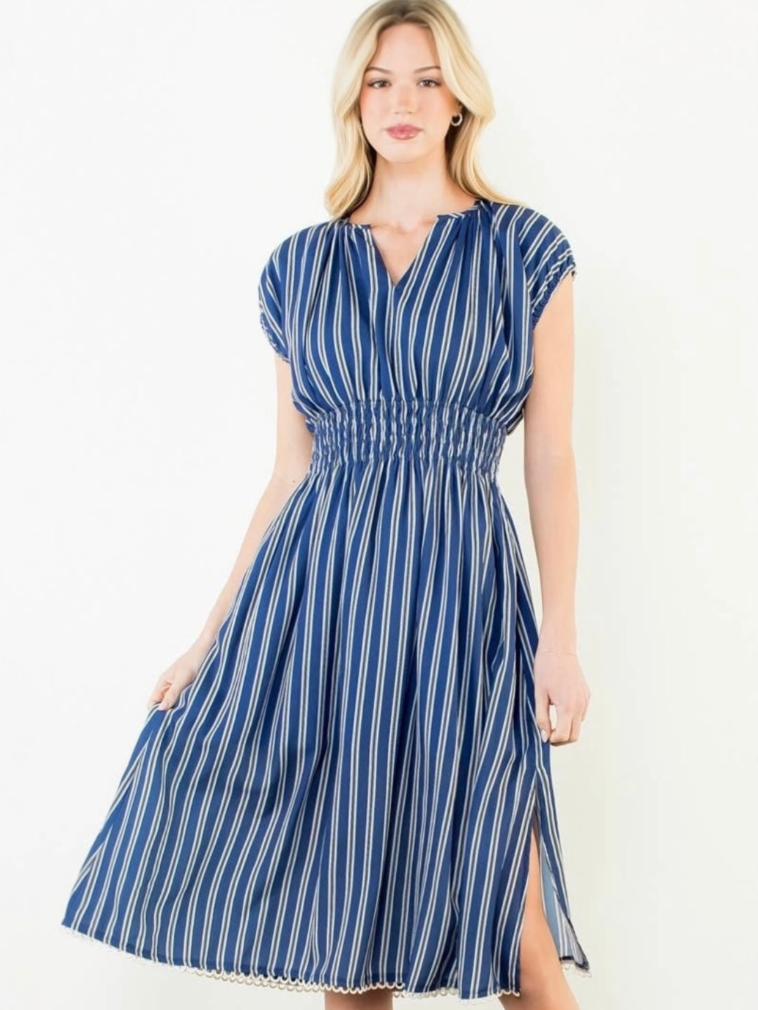 THML Striped Smocked Waist Dress – Navy