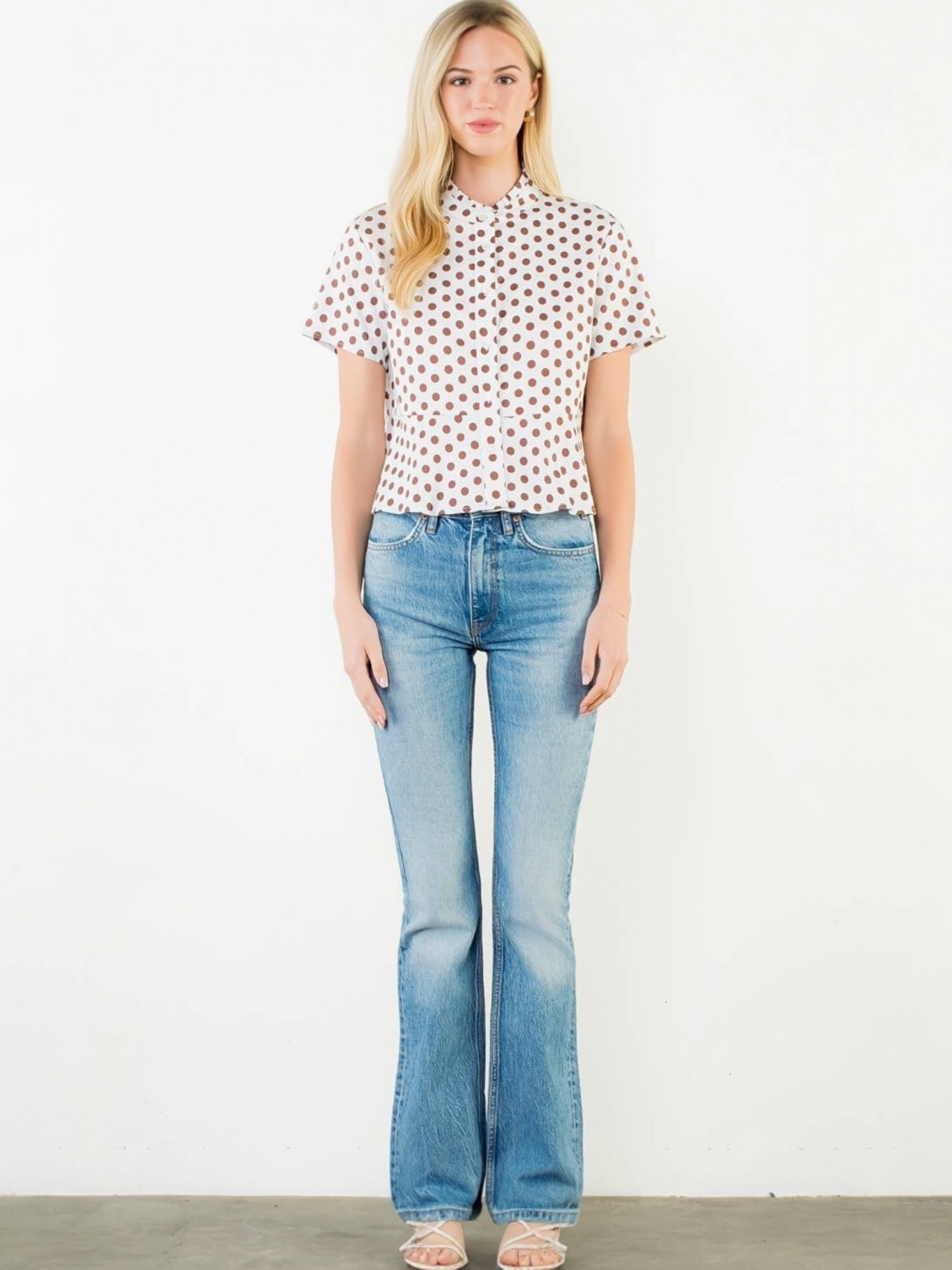 THML Short Sleeve Polka Dot Button Down Top – White