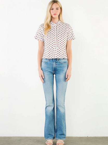 THML Short Sleeve Polka Dot Button Down Top – White