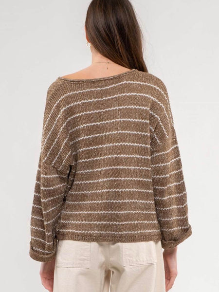 Zariyah Striped Drop Shoulder Knit Sweater - Brown