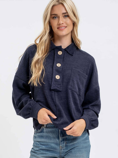 Blu Pepper Collared Raw Edge Knit Top - Navy