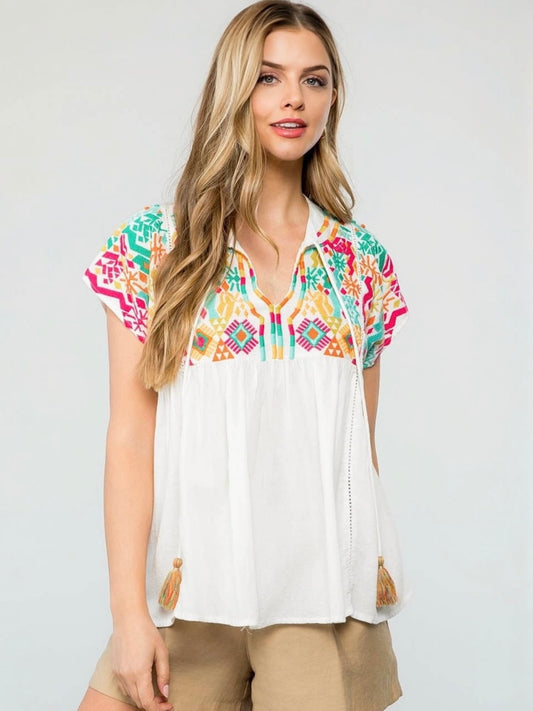 THML Embroidered Babydoll Tassel Tie Top - White