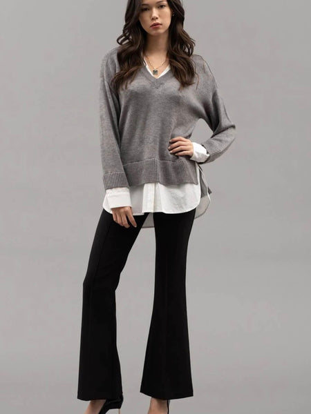 Bridget Layered V Neck Long Sleeve Sweater - Grey