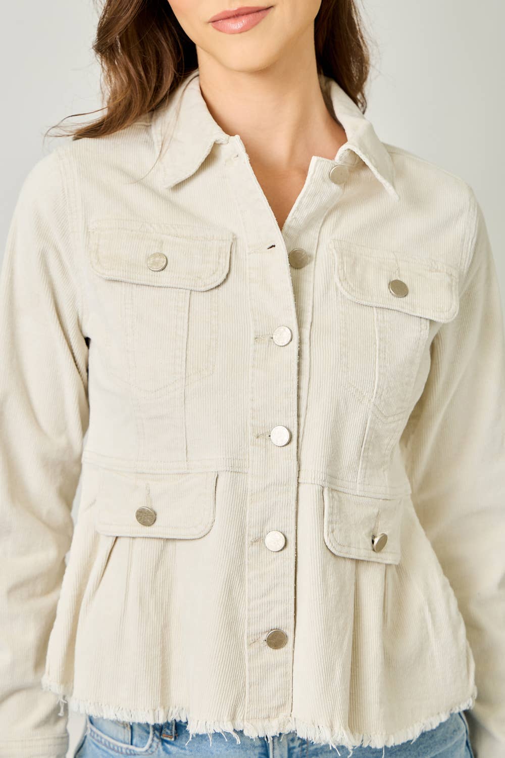 Mystree Washed Corduroy Peplum Jacket - Vintage Ivory