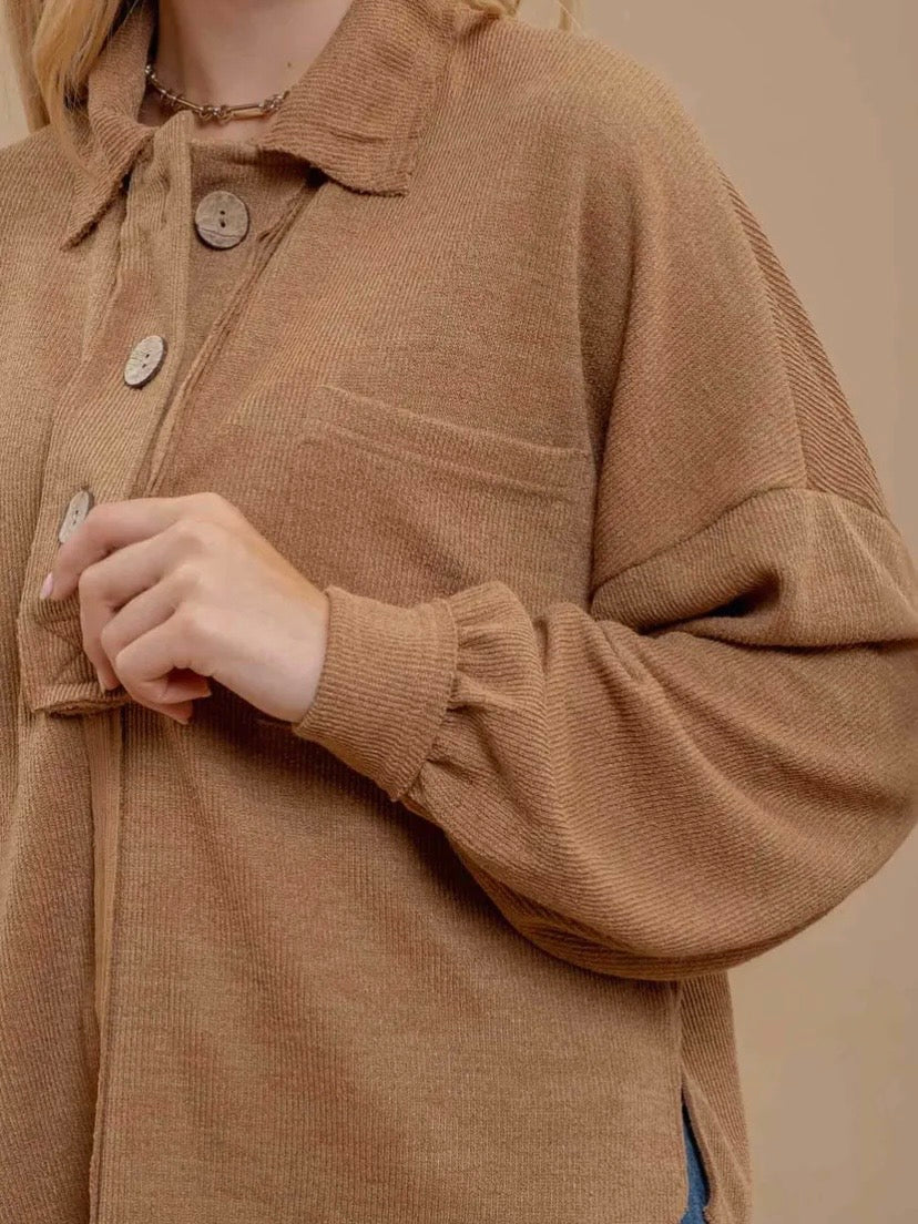 Blu Pepper Collared Raw Edge Knit Top - Almond