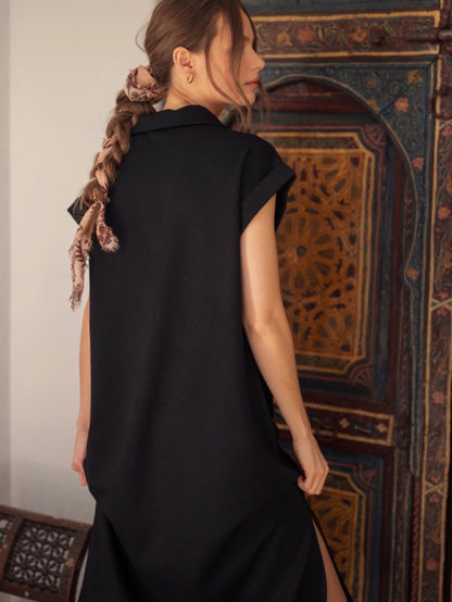 Jodifl Solid Midi Dress With Open Collared Neck - Black