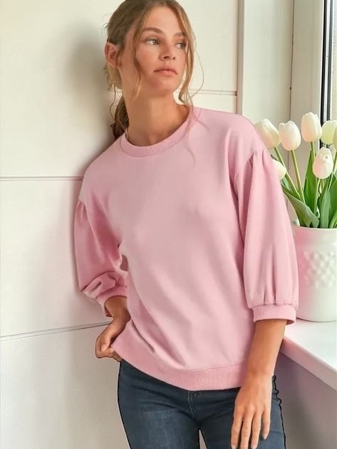 Jodifl Solid Sweatshirt Top With U-neck 3/4 Sleeves - Pink