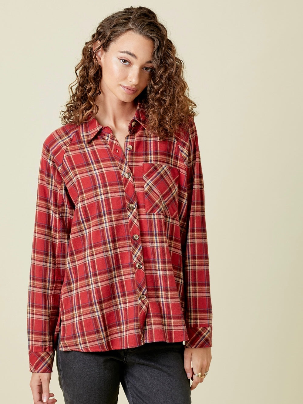 Tiffany Plaid Raglan Top - Red