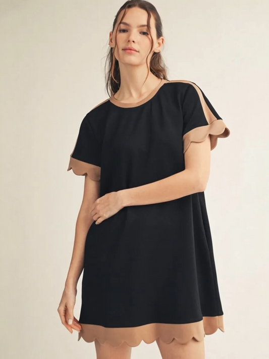 Jodifl Scallop Edge Contrast Detail Dress – Black/Taupe