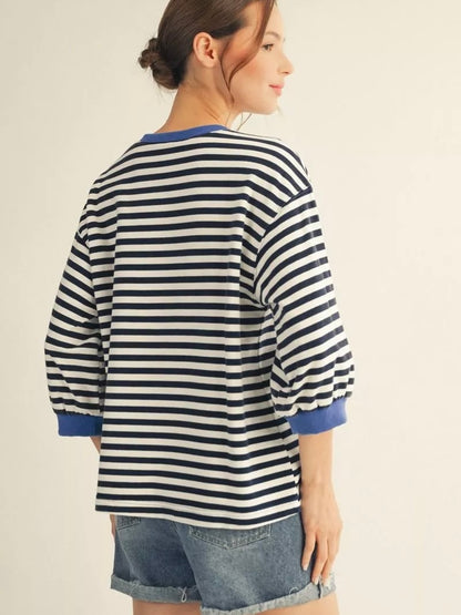 Jodifl Mineral Washed Stripe Top – 3/4 Sleeve V-Notch Neckline – Navy