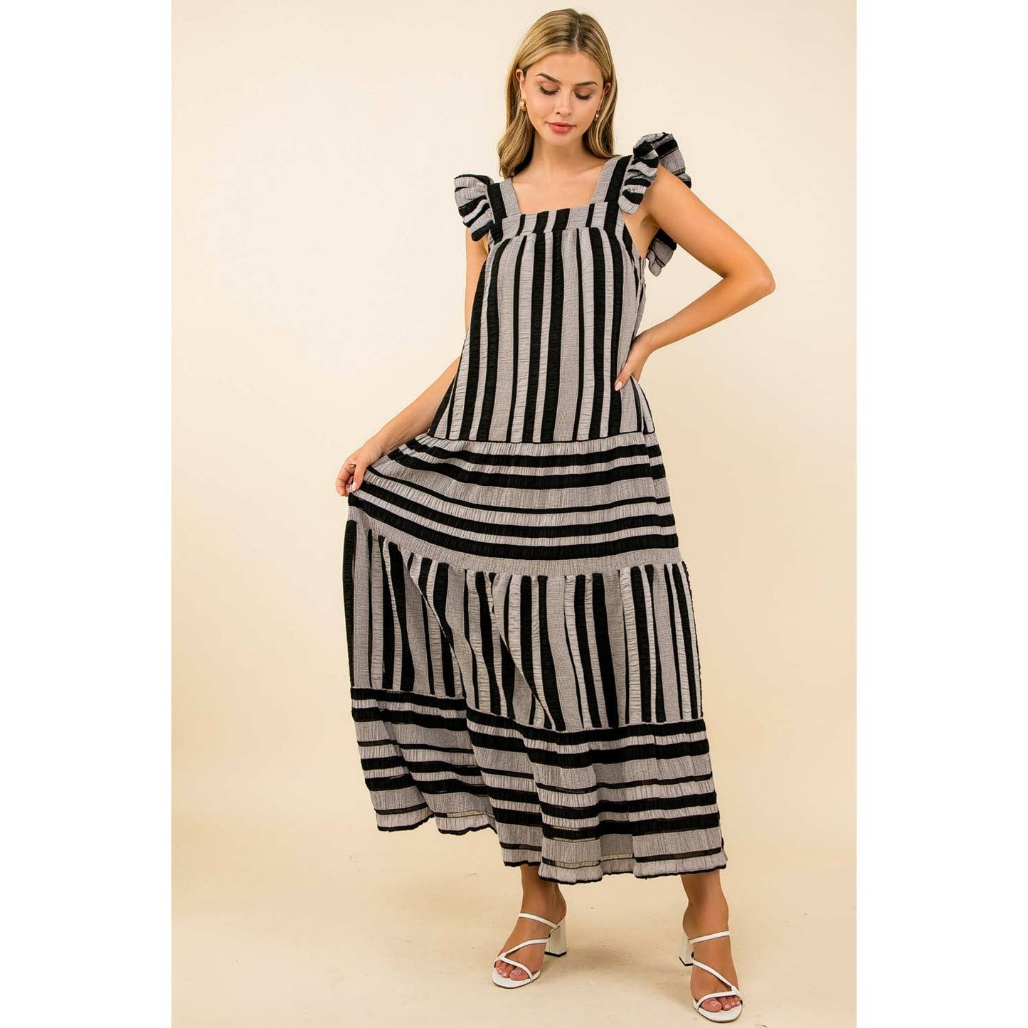 THML Striped Tiered Maxi Dress – Black