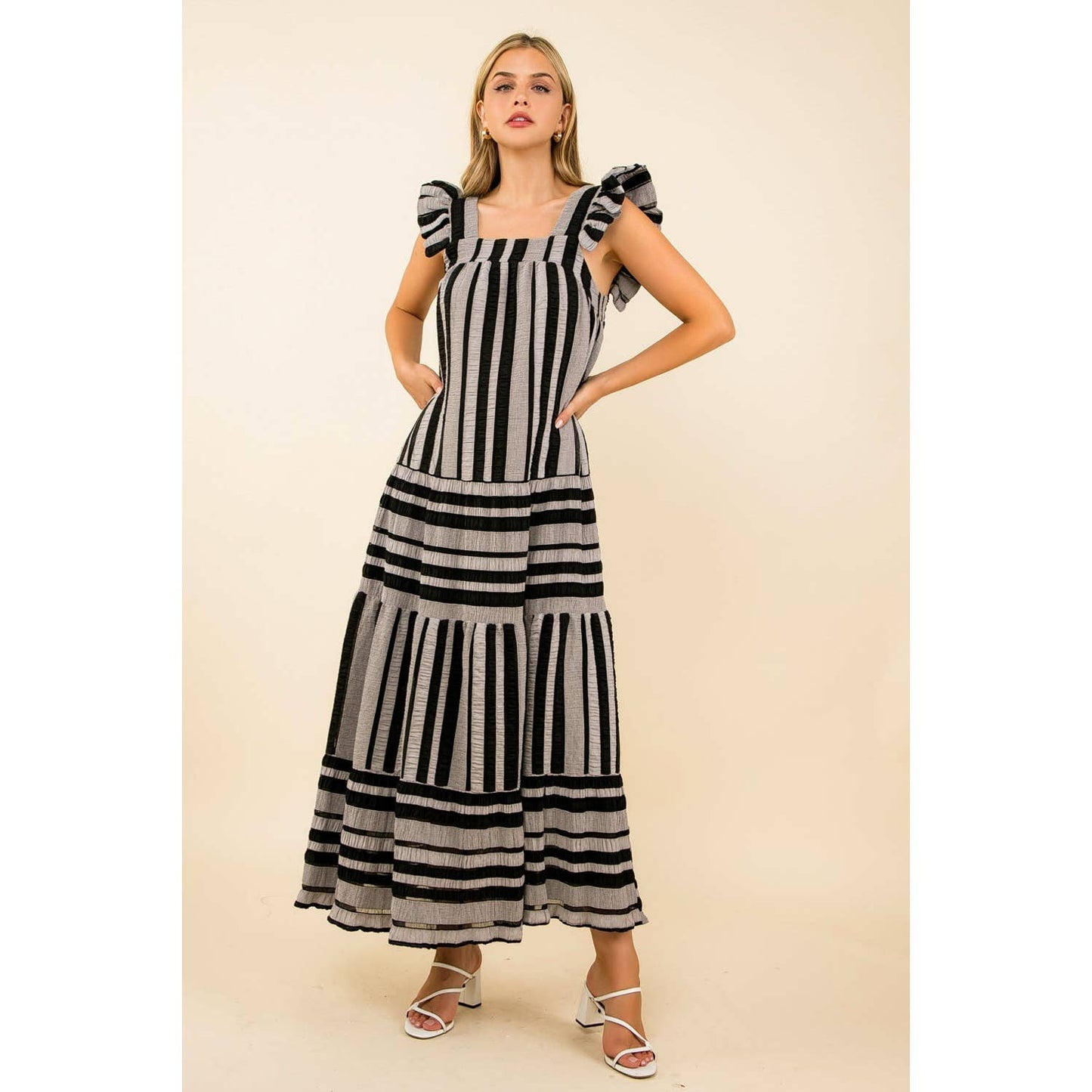 THML Striped Tiered Maxi Dress – Black