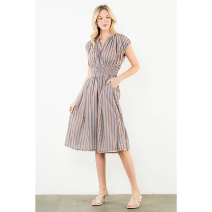 THML Striped Smocked Waist Dress – Brown