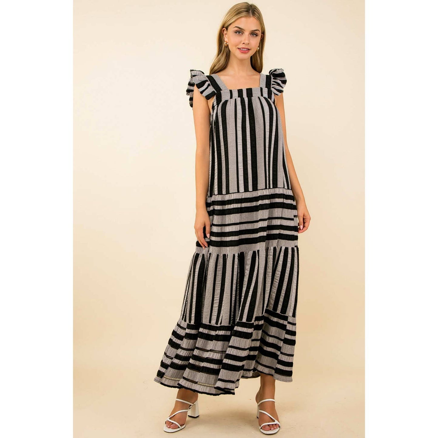 THML Striped Tiered Maxi Dress – Black