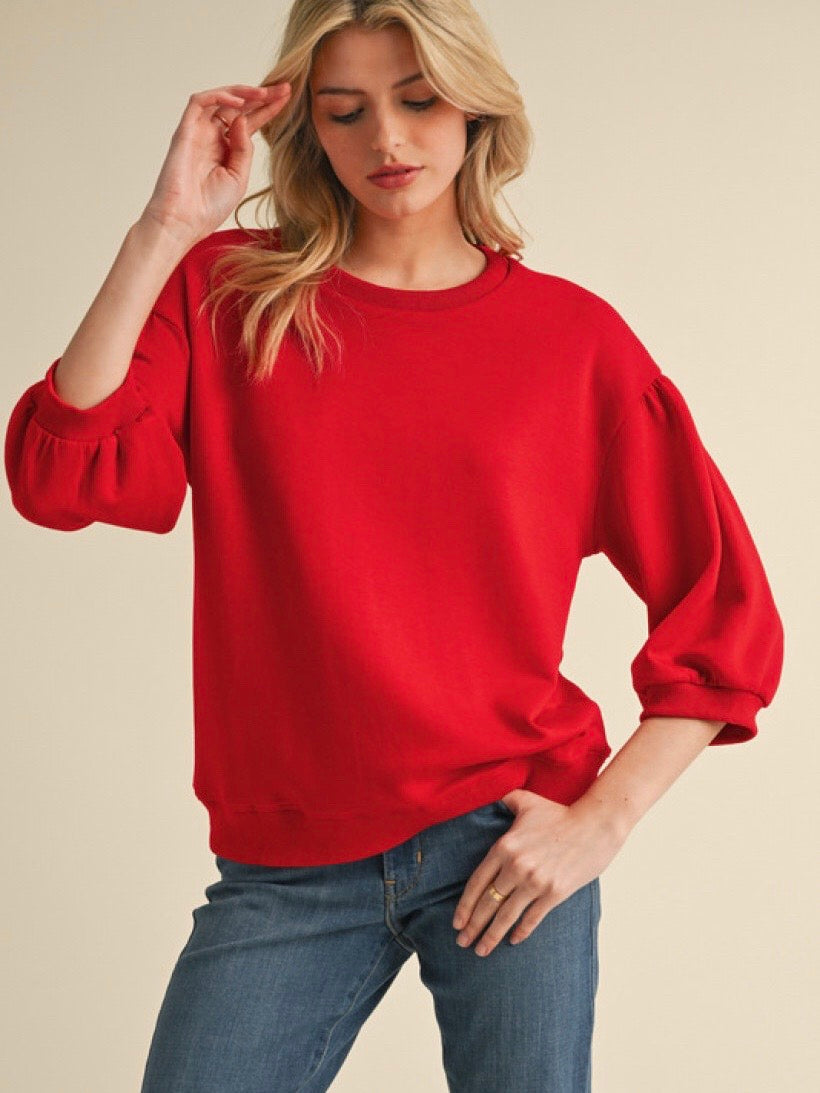 Jodifl Solid Sweatshirt Top With U-neck 3/4 Sleeves - Red