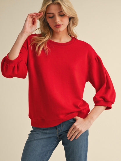Jodifl Solid Sweatshirt Top With U-neck 3/4 Sleeves - Red