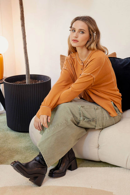 Blu Pepper Contrast Stitch Long Sleeve Henley Knit Top - Rust