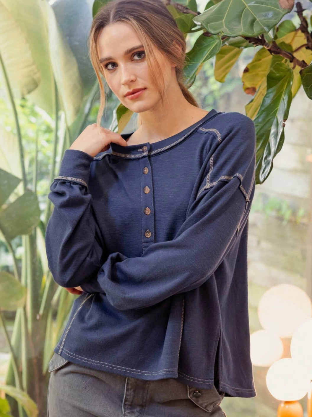 Blu Pepper Contrast Stitch Long Sleeve Henley Knit Top - Dark Denim