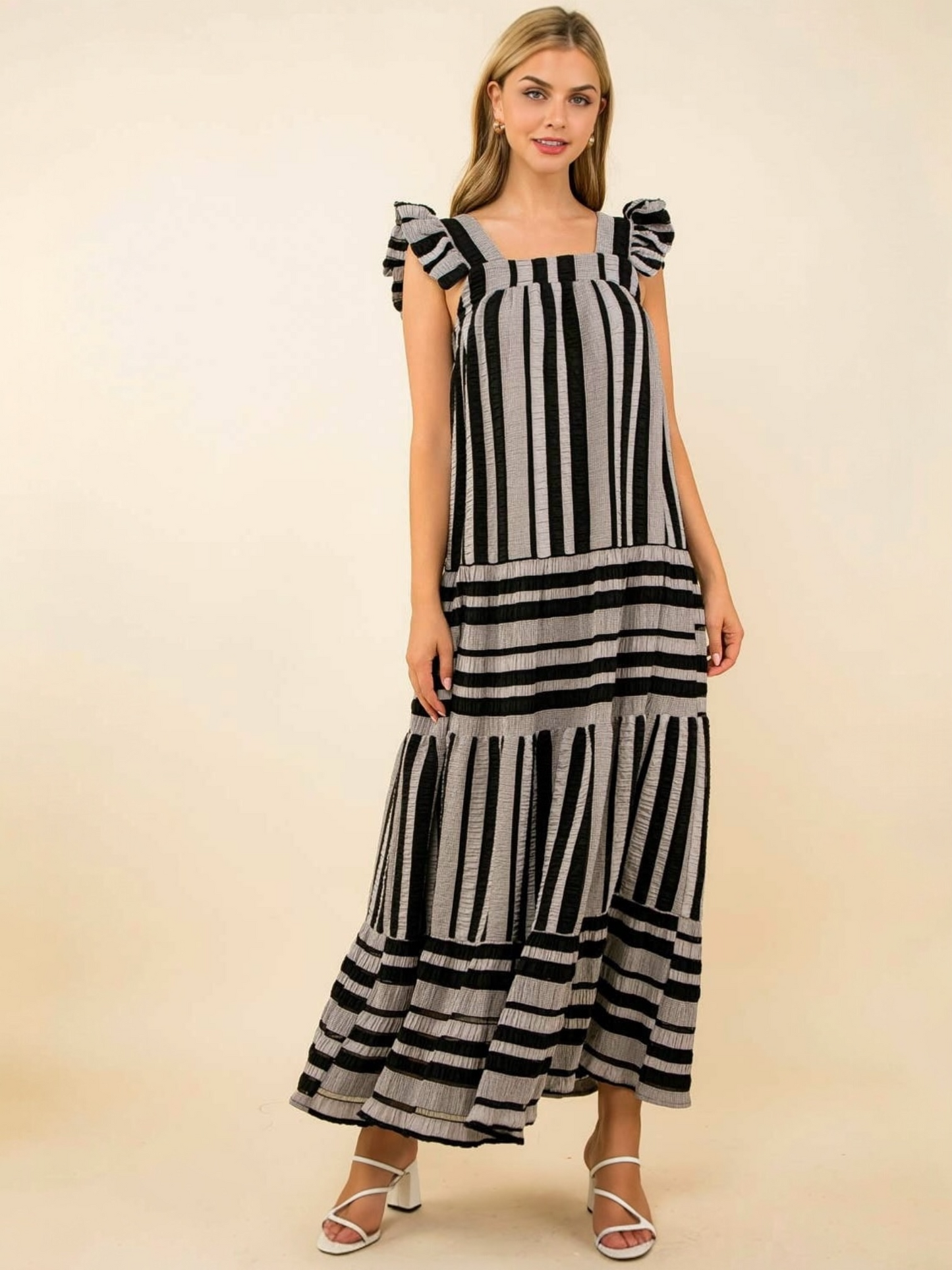THML Striped Tiered Maxi Dress – Black