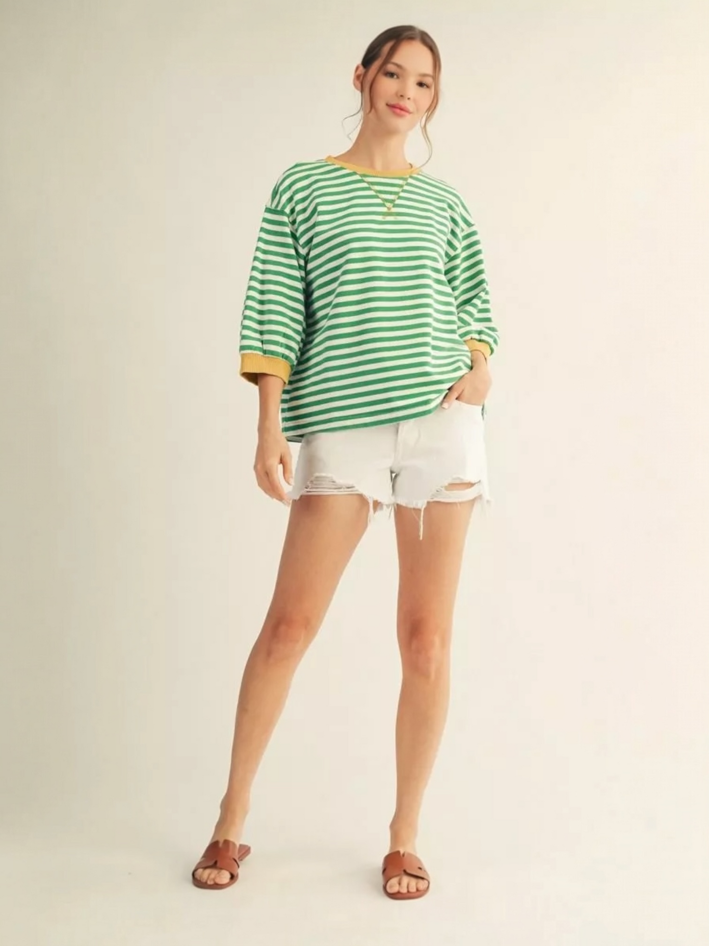 Jodifl Mineral Washed Stripe Top – 3/4 Sleeve V-Notch Neckline – Kelly Green