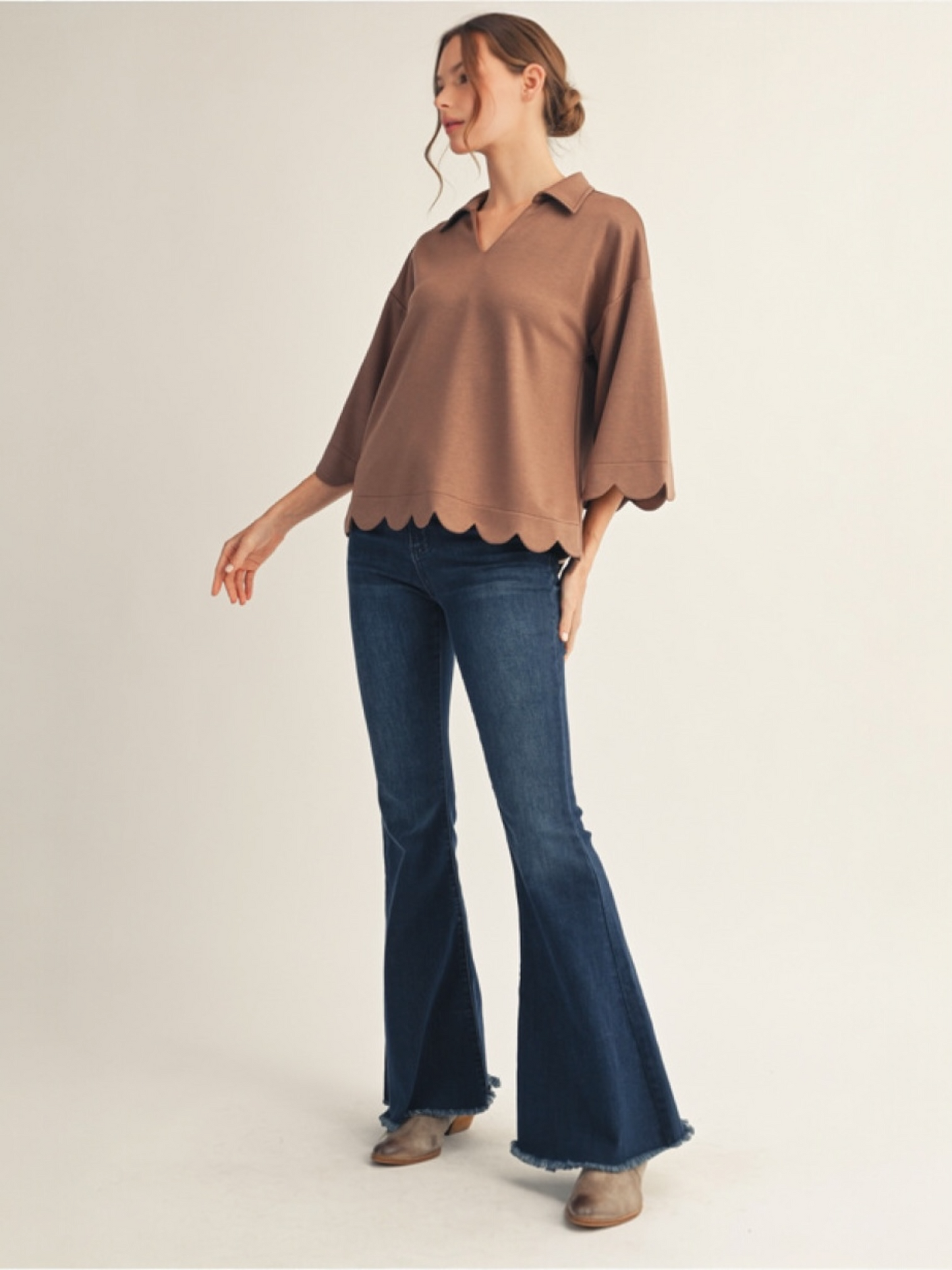 Jodifl 3/4 Sleeves V Neck Top With Scallop Edge Detail - Mocha Mousse